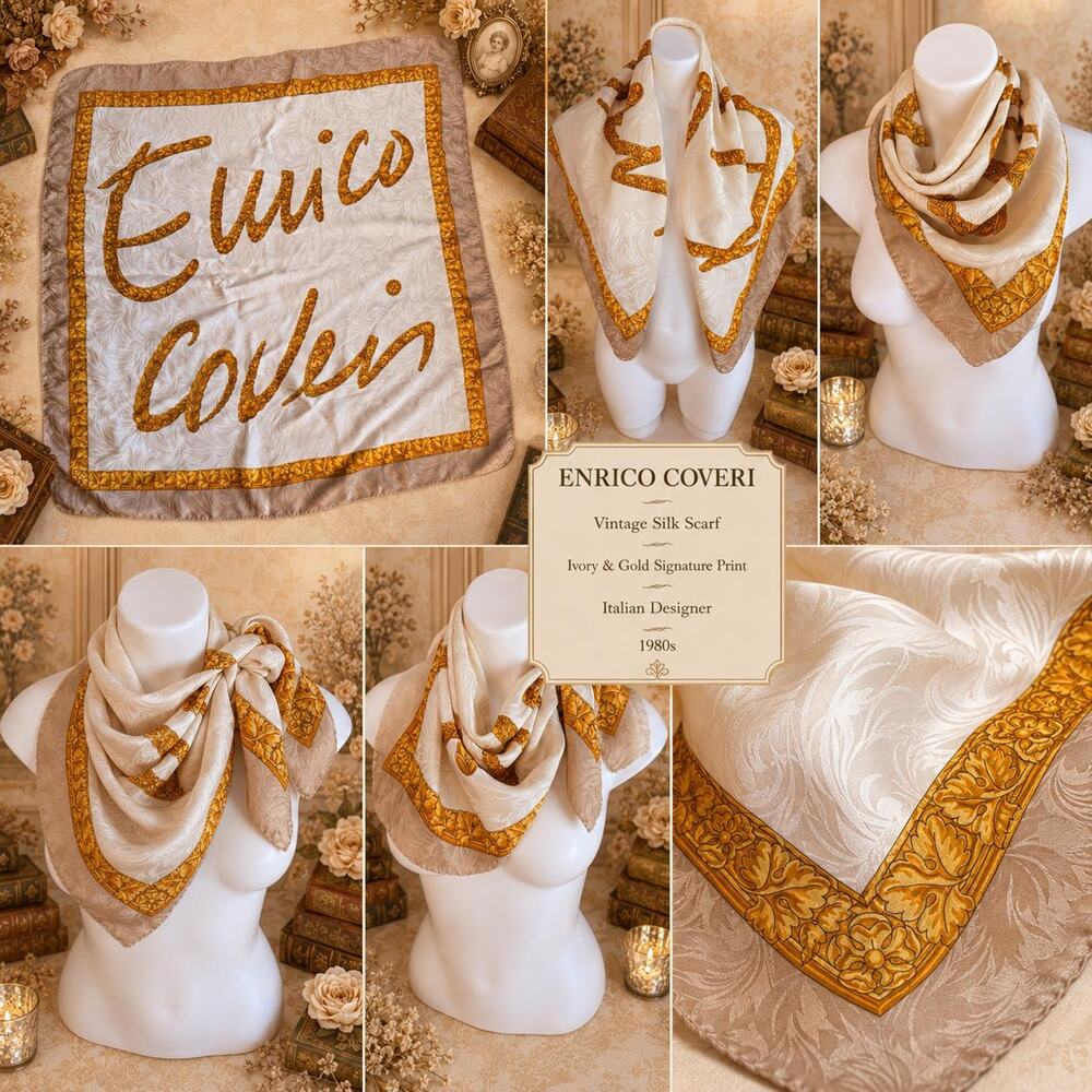 Vintage Enrico Coveri 80s Silk Scarf Ivory Gold Signature Italian Designer 33x35